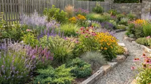Aiuola fiorita con piante perenni colorate e sentiero in ghiaia
