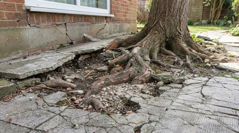 Radici di un albero che sollevano marciapiede e danneggiano le fondamenta di una casa