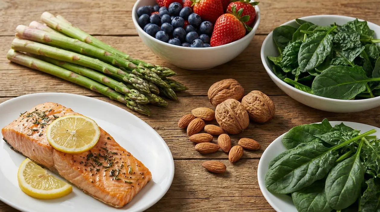 Alimenti sani come salmone, frutti di bosco, noci, mandorle, asparagi e spinaci su un tavolo in legno
