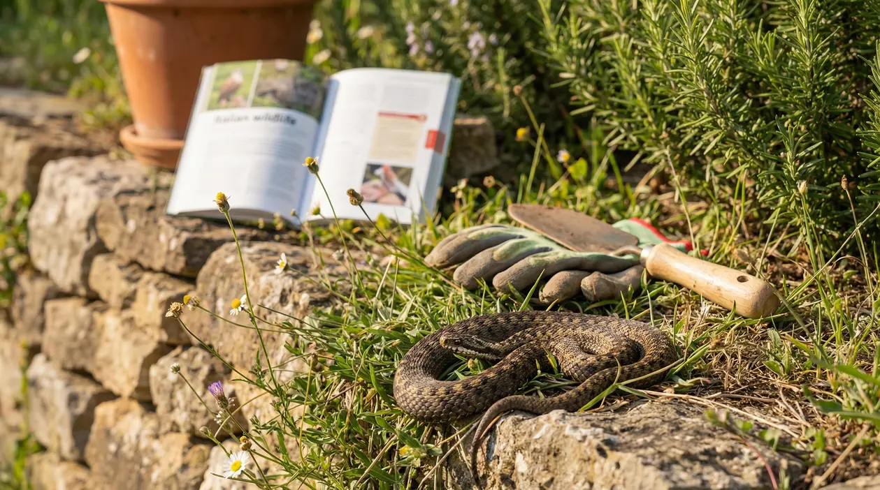 Una vipera tra l'erba accanto a guanti da giardinaggio e un libro aperto su un muretto