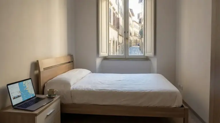 Camera da letto essenziale con letto matrimoniale e finestra affacciata su una strada del centro città.