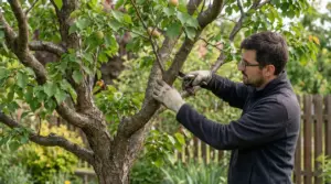 Persona che pota un albero di albicocco con cesoie da giardinaggio