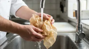 Una persona bagna un foglio di carta forno sotto l'acqua corrente in cucina
