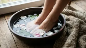 Piedi immersi in una bacinella con acqua fredda, ghiaccio e petali di fiori