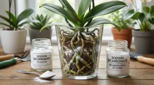 Vaso trasparente con orchidea e bicarbonato di sodio sulle radici, su un tavolo con strumenti da giardinaggio