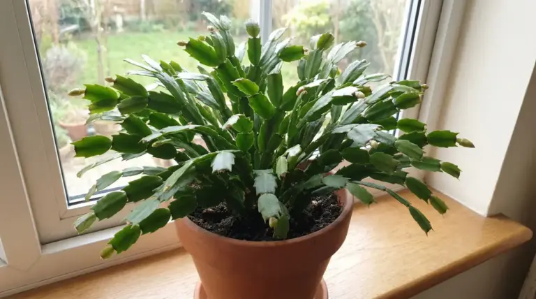 Cactus di Natale in vaso con boccioli non ancora fioriti su un davanzale