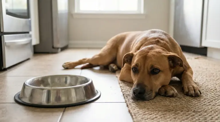 Cane marrone sdraiato su un tappeto vicino a una ciotola vuota in cucina