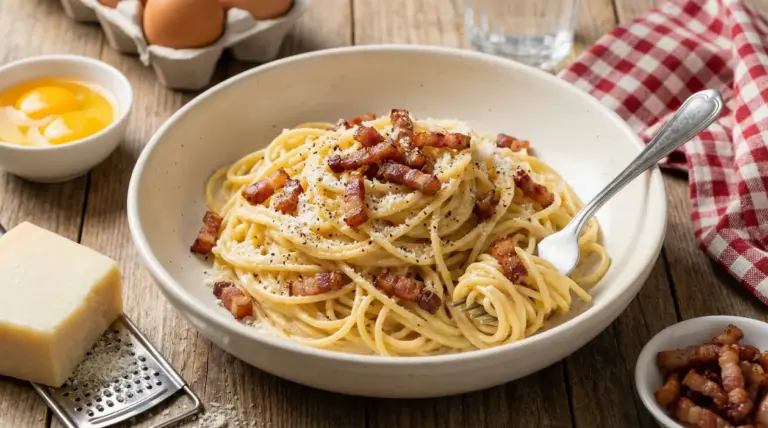 Piatto di spaghetti alla carbonara con guanciale croccante, uova e pecorino su tavolo rustico