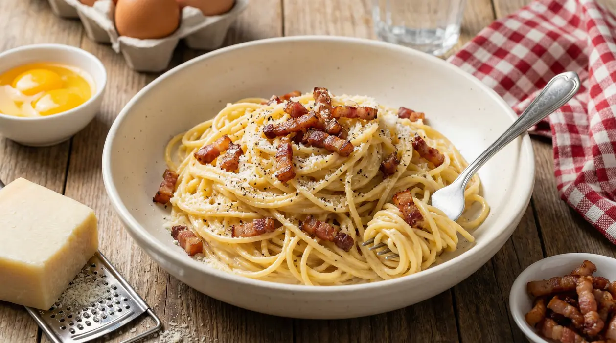 Piatto di spaghetti alla carbonara con guanciale croccante, uova e pecorino su tavolo rustico