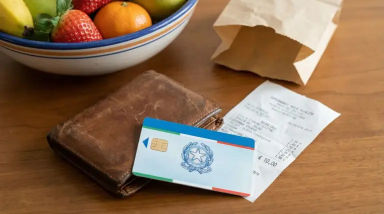 Carta elettronica della Repubblica Italiana su un portafoglio vicino a uno scontrino e frutta