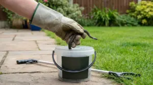 Persona con guanto che mette una biscia in un secchio nel giardino