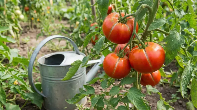 Pomodori spaccati sulla pianta in un orto con un annaffiatoio vicino