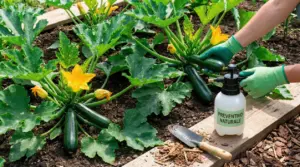 Mani con guanti verdi trattano piante di zucchine con spray naturale in un orto.