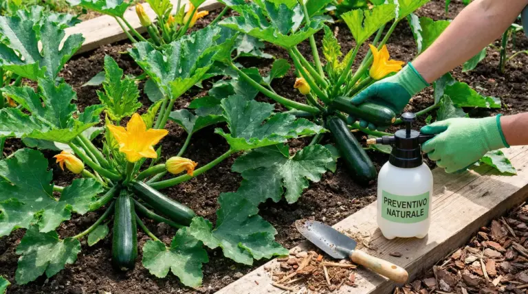 Mani con guanti verdi trattano piante di zucchine con spray naturale in un orto.