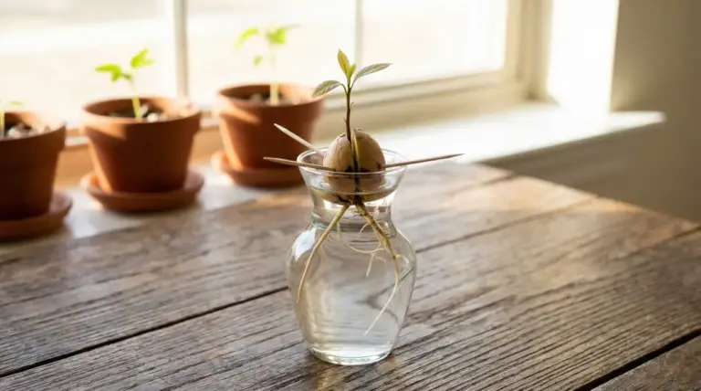 Seme di avocado germogliato in un bicchiere d'acqua con stuzzicadenti