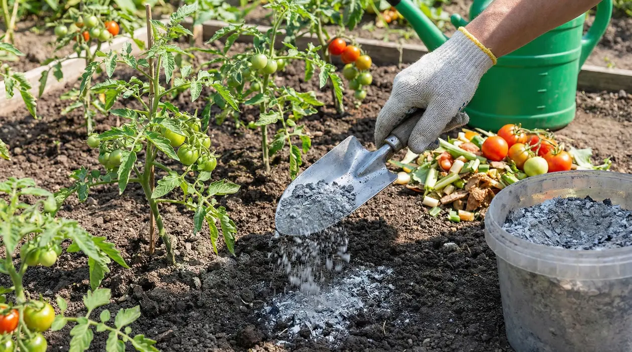 Una persona sparge cenere sul terreno vicino a piante di pomodoro in crescita