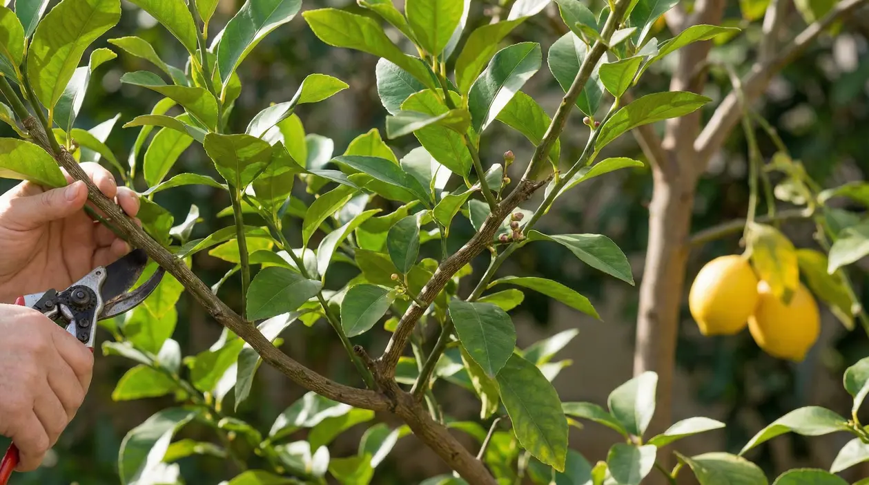 Potatura di un ramo di albero di limone con foglie verdi e frutti maturi