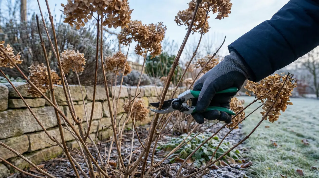Potatura di ortensie secche in un giardino durante il mese di febbraio