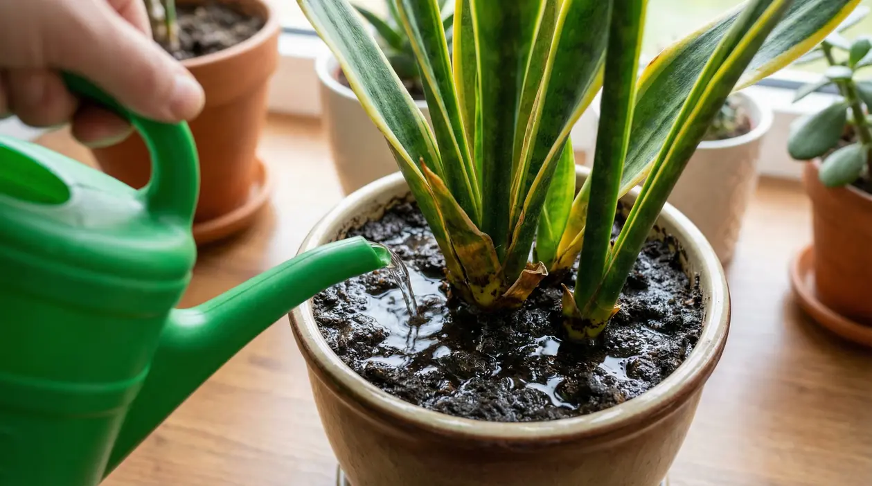 Una sansevieria in vaso viene annaffiata con un annaffiatoio verde