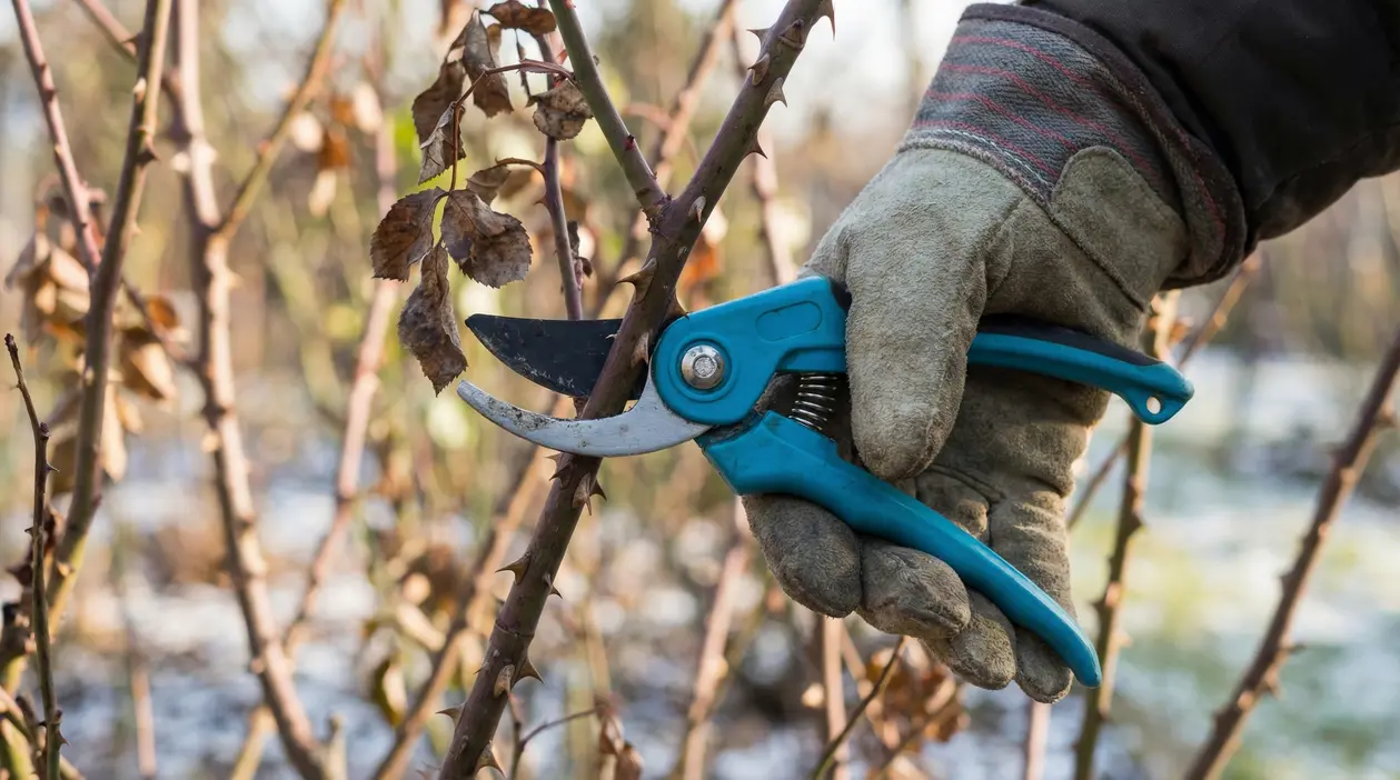 Mano con guanto che pota un ramo di rosa con cesoie in un giardino invernale