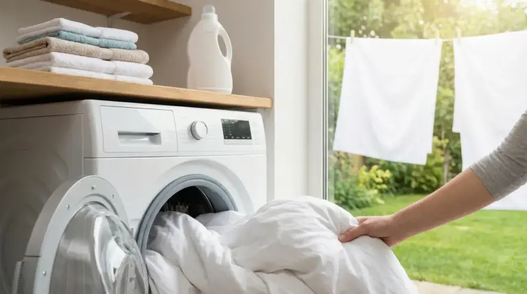 Una persona inserisce lenzuola bianche in una lavatrice davanti a una finestra soleggiata