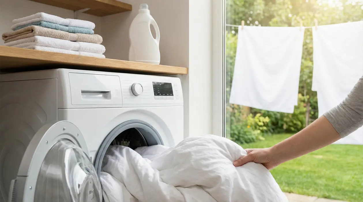 Una persona inserisce lenzuola bianche in una lavatrice davanti a una finestra soleggiata