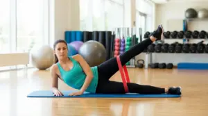 Persona che esegue esercizio per le gambe con banda elastica in palestra