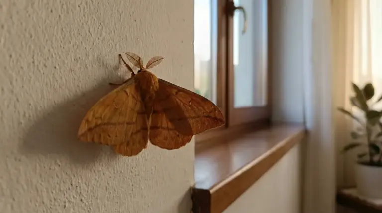 Una falena marrone posata su una parete interna vicino a una finestra