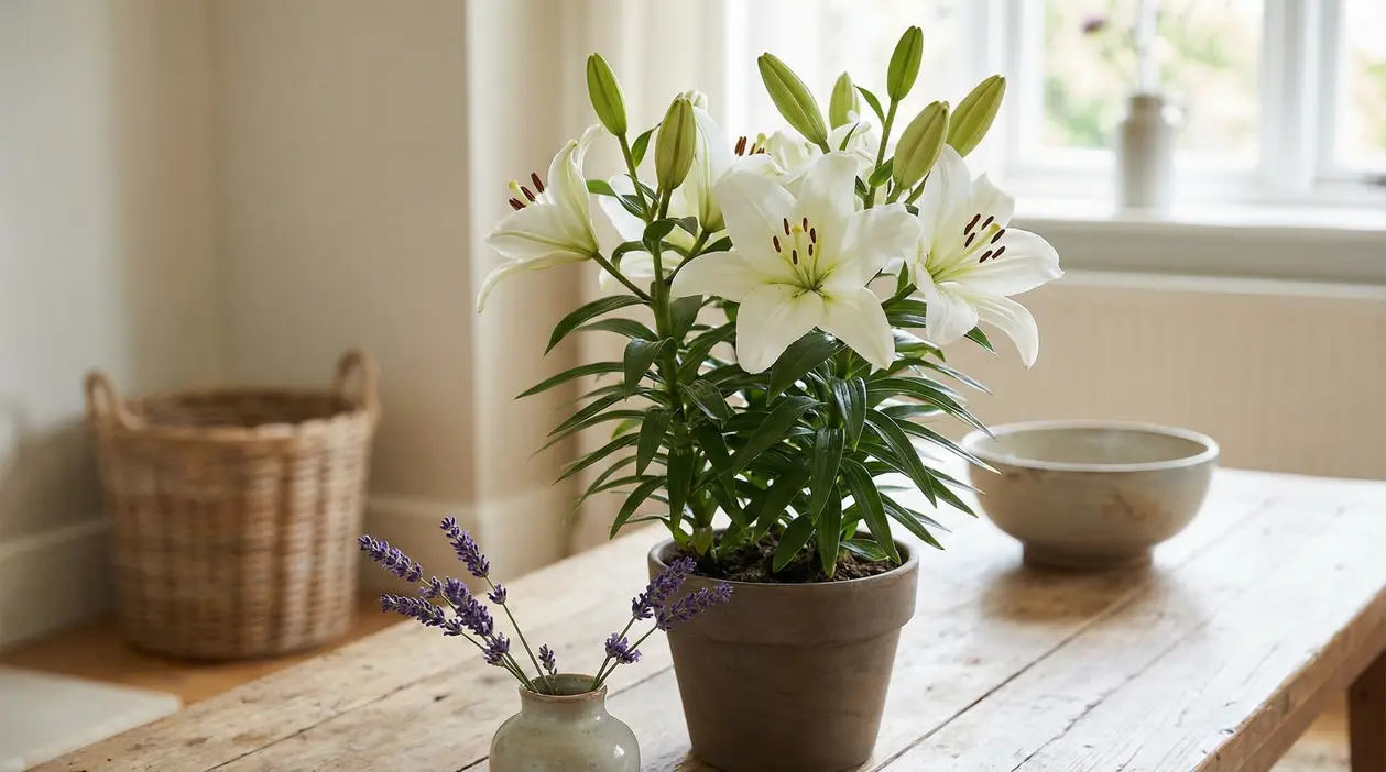 Pianta di gigli bianchi in vaso su un tavolo di legno vicino a una finestra luminosa