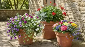 Grandi vasi in terracotta con fiori colorati su un patio soleggiato vicino a un muro in pietra