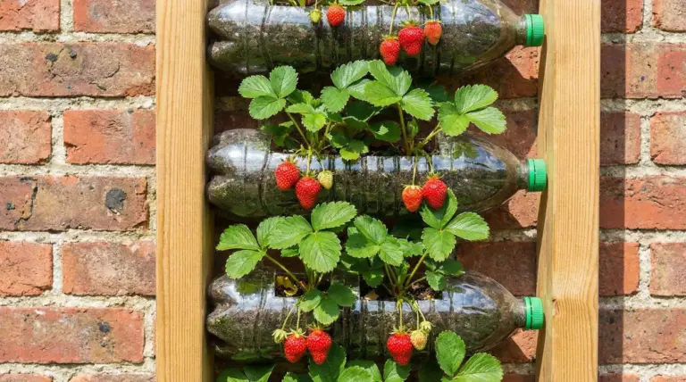 Piante di fragole che crescono in bottiglie di plastica montate su una parete di mattoni