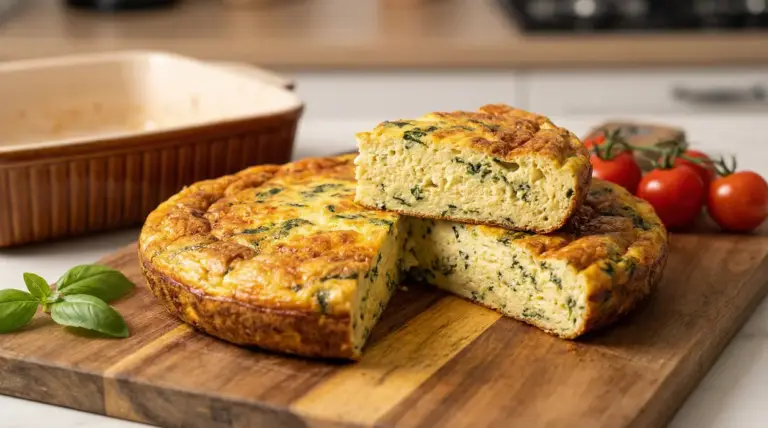 Frittata alta e soffice con erbe aromatiche tagliata a fette su un tagliere di legno