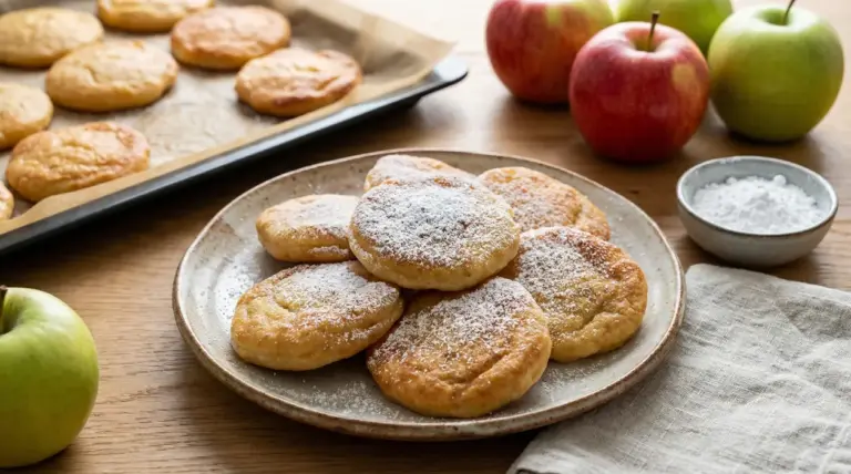 Frittelle di mele al forno spolverate di zucchero a velo su un piatto con mele fresche sullo sfondo