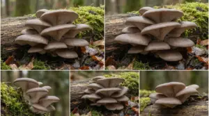 Gruppo di funghi che somigliano a ostriche su un tronco in un bosco umido
