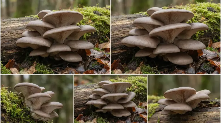 Gruppo di funghi che somigliano a ostriche su un tronco in un bosco umido
