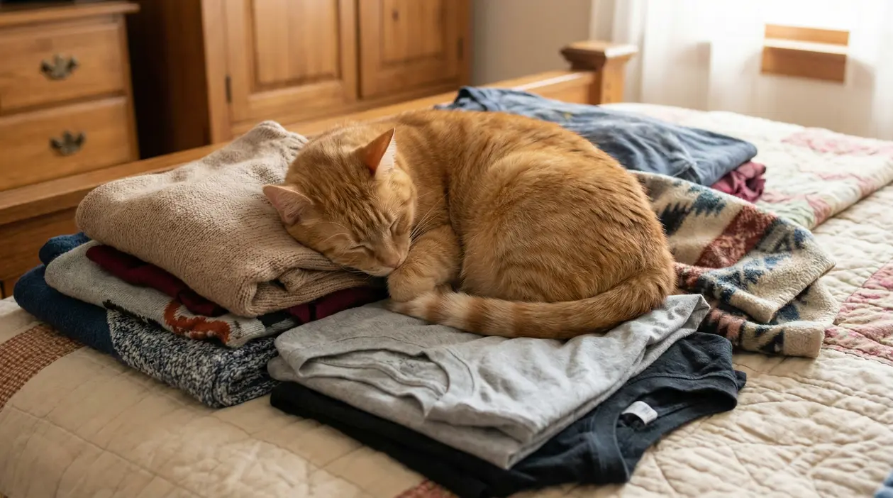 Gatto arancione addormentato su una pila di vestiti piegati sul letto