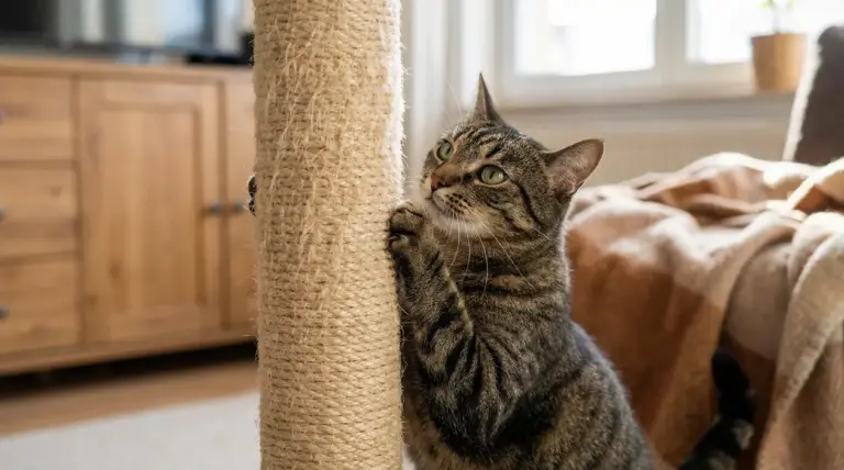 Gatto tigrato che usa un tiragraffi in casa