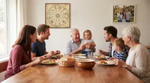 Famiglia riunita attorno a un tavolo durante un pasto in un ambiente domestico