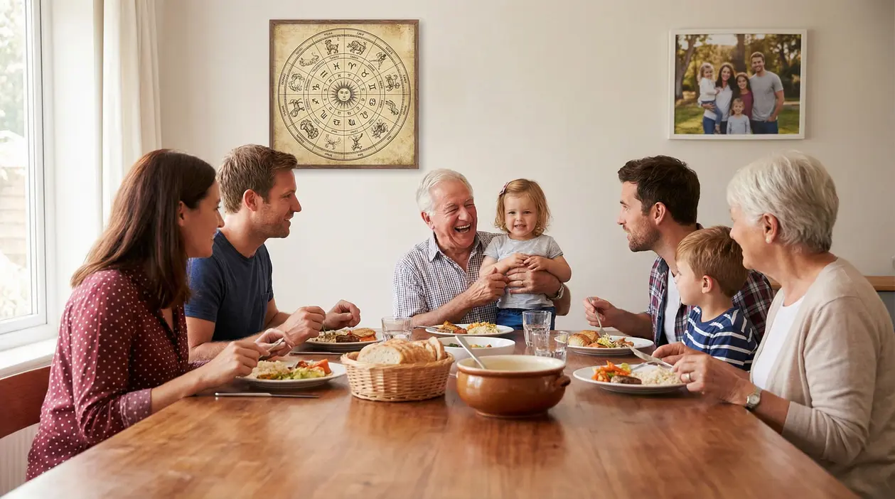 Famiglia riunita attorno a un tavolo durante un pasto in un ambiente domestico