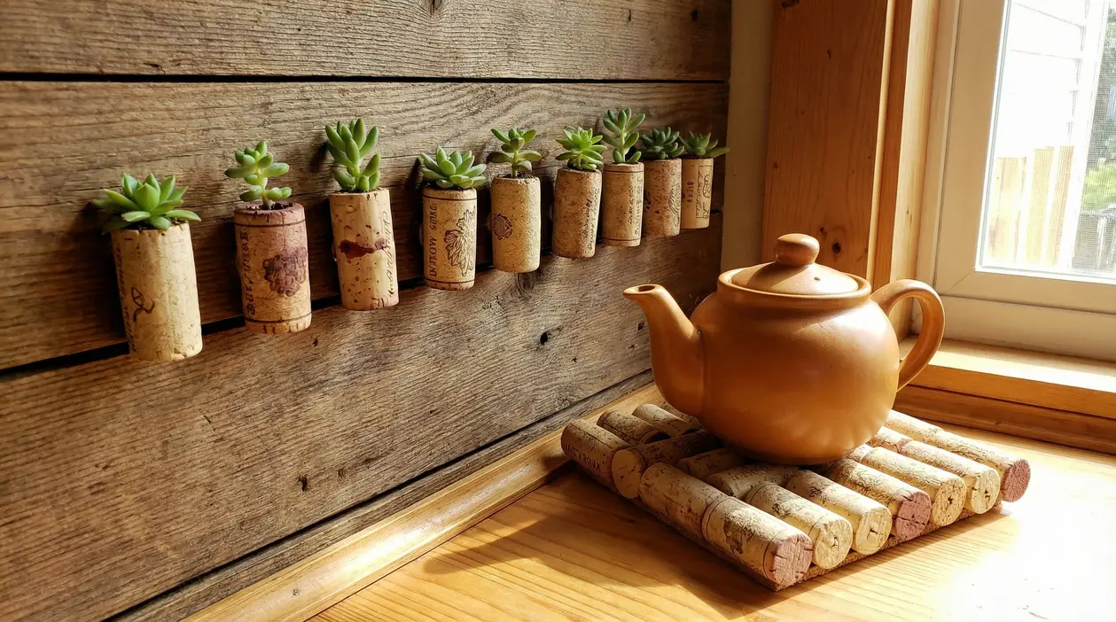 Tappi di sughero riutilizzati come mini vasi per piante grasse su parete di legno e sottopentola con teiera