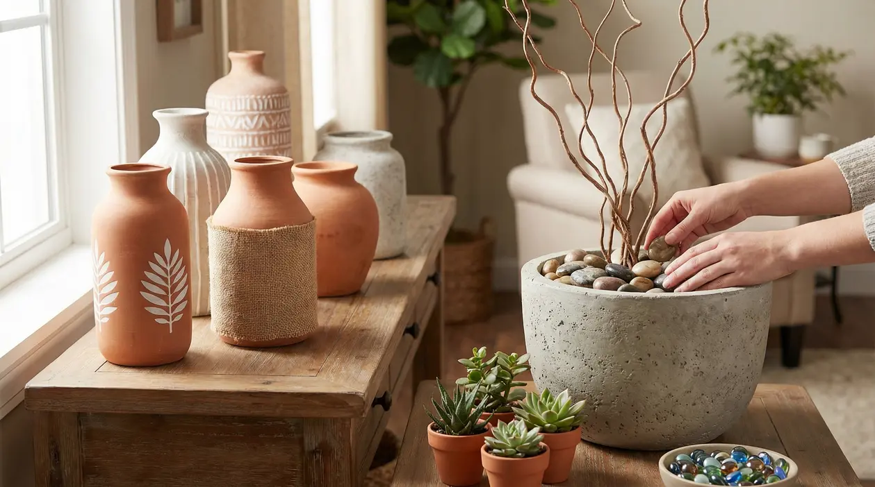Vasi decorativi riempiti con piante, fiori secchi e pampas in un interno moderno