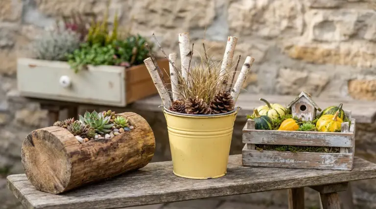 Decorazioni autunnali con zucche, rami secchi e piante grasse in contenitori creativi