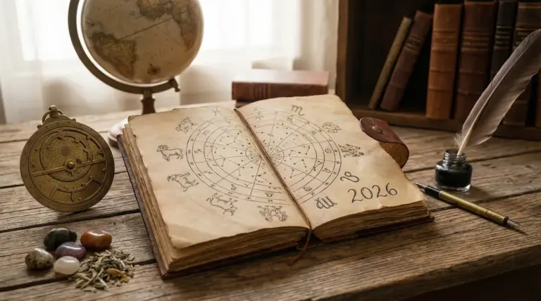 Vecchio libro aperto con simboli zodiacali e anno 2026 su un tavolo in legno