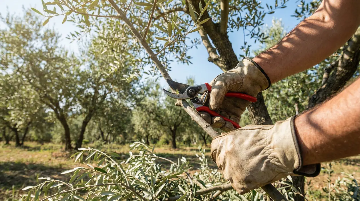 Persona con guanti da lavoro pota un ramo di ulivo con cesoie in un uliveto.