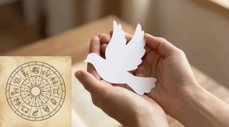 Mani che tengono una sagoma di colomba di carta con simboli zodiacali sullo sfondo