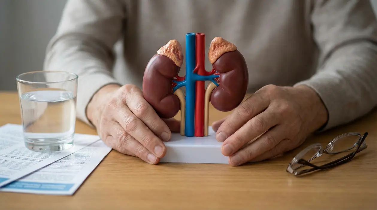 Persona che tiene in mano un modello anatomico dei reni su un tavolo con documenti