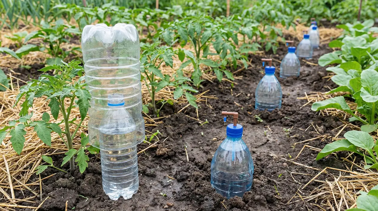 Bottiglie di plastica riciclate usate per irrigazione automatica in un orto