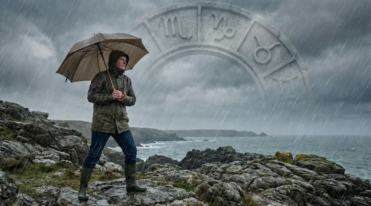 Persona con ombrello sotto la pioggia su scogliere, con simboli zodiacali sullo sfondo