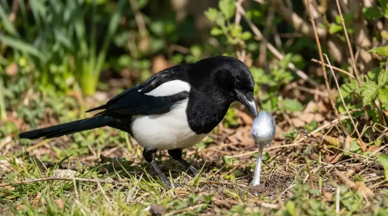 Gazza ladra osserva un cucchiaino argentato nel prato di un giardino