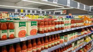 Scaffale di un supermercato con varie marche di salsa di pomodoro in esposizione